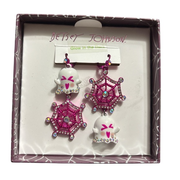 Betsey Johnson Glow In The Dark Pink and White Ghost and spiderweb Earrings - Picture 1 of 3